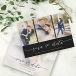 Hand Lettered 3 Image Black Save The Date<br><div class="desc">Pick the best pictures from your engagement shoot or your favorite pictures of the two of you for this perfect save the date. The words save the date are handwritten to give a personal feel to the card. The front has 3 images and the back has a large image with...</div>