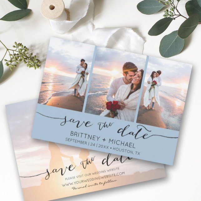 Hand Lettered 3 Image Dusty Blue Save The Date (Creator Uploaded)