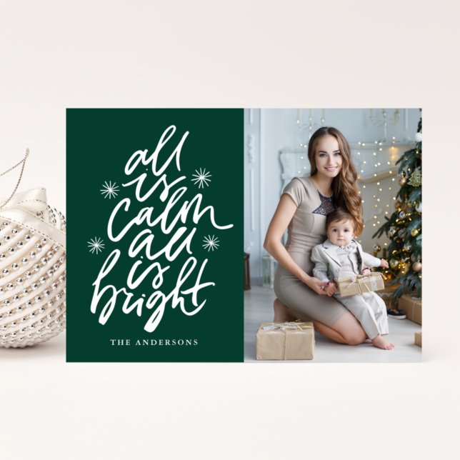 Hand-Lettered All Is Calm All Is Bright Green Holiday Card (Creator Uploaded)