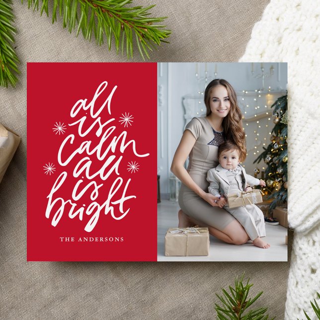 Hand-Lettered All Is Calm All Is Bright Red Photo Holiday Postcard (Creator Uploaded)