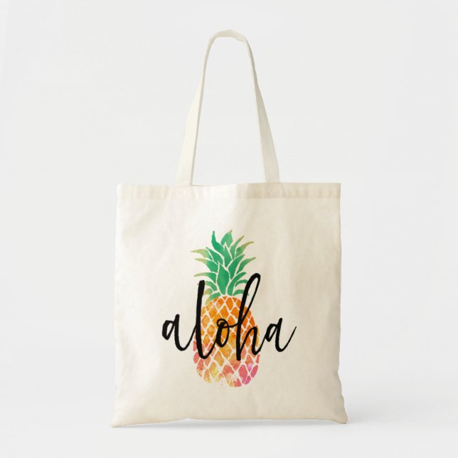 hand lettered aloha tropical watercolor pineapple tote bag (Front)
