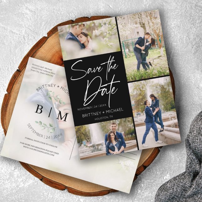Hand Lettered Black Collage Save The Date Announcement Postcard (Creator Uploaded)