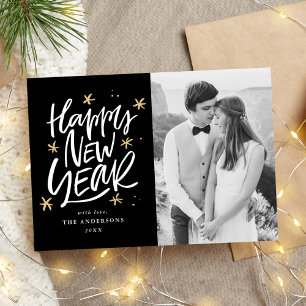 Hand-Lettered Black & Gold Happy New Year Photo Holiday Card