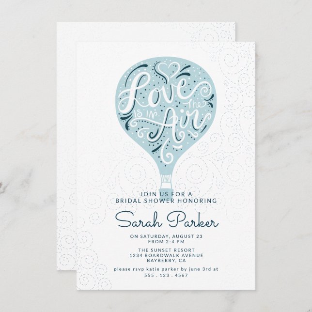Hand Lettered Blue Hot Air Balloon Bridal Shower Invitation (Front/Back)