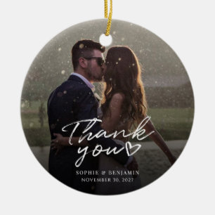 Hand-Lettered Christmas Wedding Photo Thank You Ceramic Tree Decoration