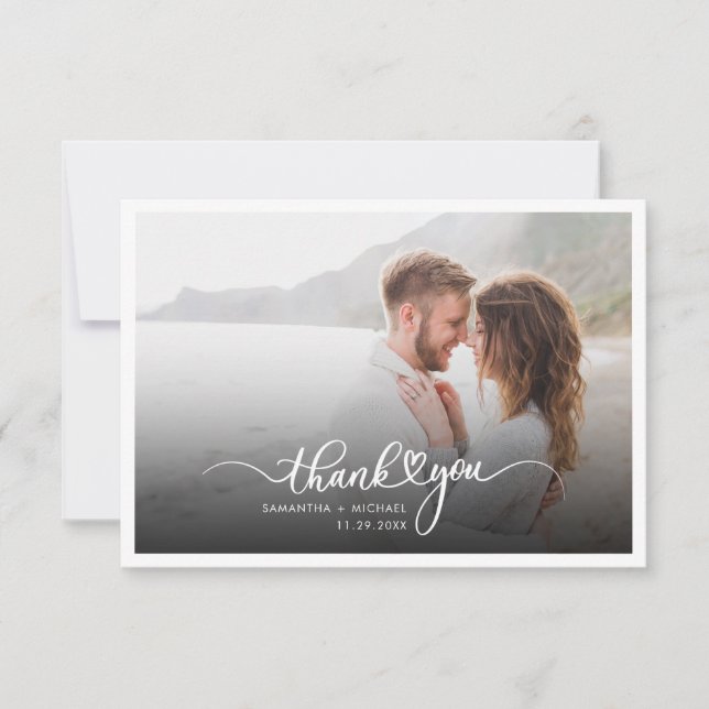 Hand-Lettered Couples Wedding Photo Modern Thank You Card (Front)