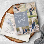 Hand Lettered Dusty Blue Collage Save The Date Announcement Postcard<br><div class="desc">Take your 5 best images from your engagement photo session with 4 for the front and one for the back. It features a hand lettering design that says Save the Date.</div>