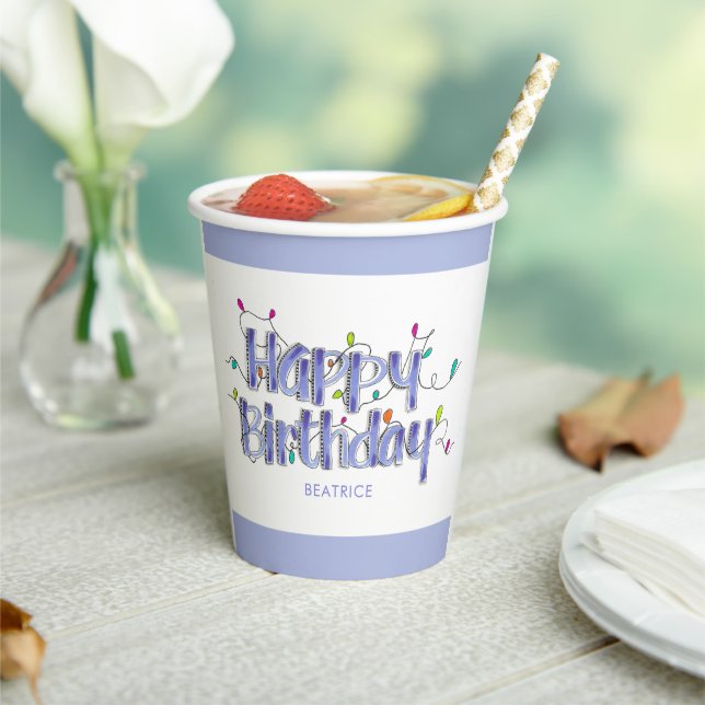 Hand Lettered Dusty Blue Happy Birthday  Paper Cups (Insitu)