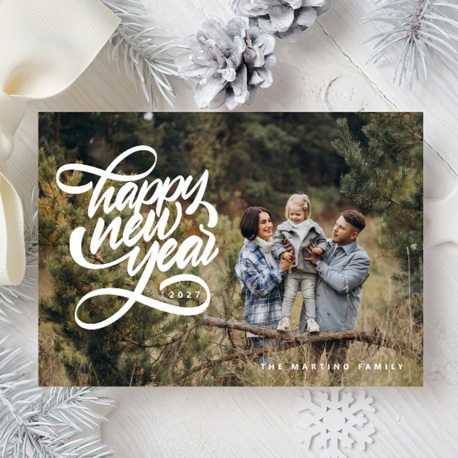 Hand Lettered Fun Happy New Year Family Photo Holiday Card (Creator Uploaded)