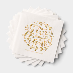Hand Lettered Give Thanks Wreath Thanksgiving Foil Napkins