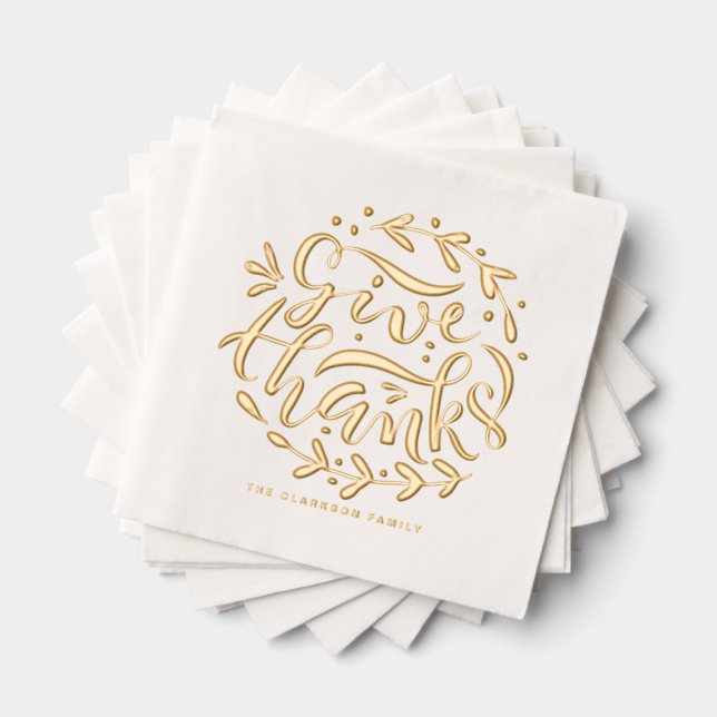 Hand Lettered Give Thanks Wreath Thanksgiving Foil Napkins (Insitu (Stacked))