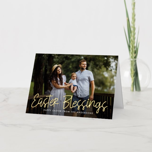 Hand-Lettered Gold Foil Easter Blessings Photo Holiday Card (Front)