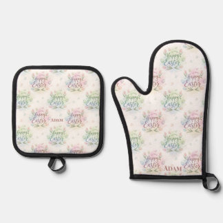 Hand-Lettered Happy Easter Watercolor  Oven Mitt & Pot Holder Set