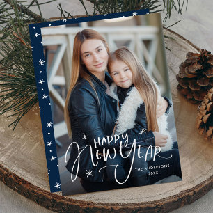 Hand-Lettered Happy New Year Navy Photo Holiday Card