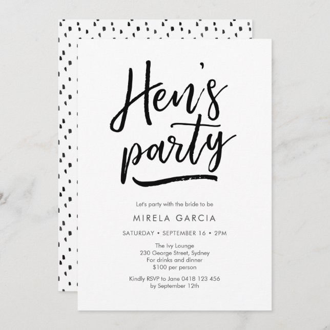 Hand lettered Hen's Party Invitation (Front/Back)
