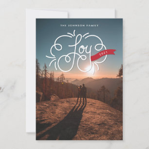 hand lettered joy dark red ribbon holiday photo card
