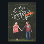 hand lettered joy red ribbon holiday photo<br><div class="desc">Great for new year's cards too; hand lettered "joy" with ornamental line work and a banner with the editable year. White lettering with orange-red banner over a full bleed photo. Die cut shapes are optional,  with more choices available.</div>