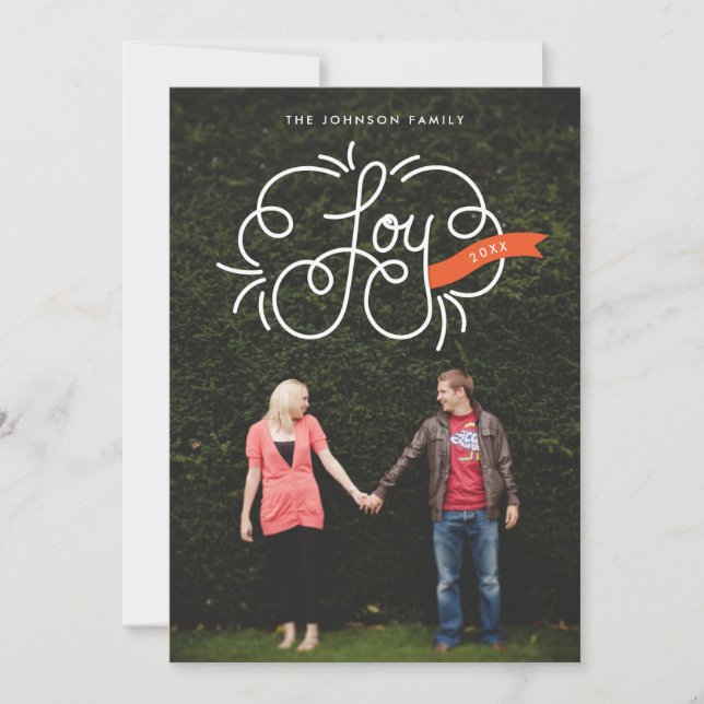 hand lettered joy red ribbon holiday photo card (Front)