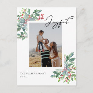 Hand Lettered Joyful Custom Photo Holly Christmas Postcard