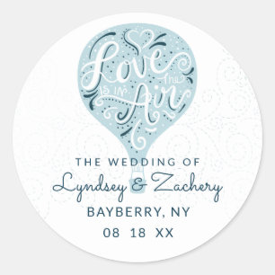 Hand Lettered Love Blue Hot Air Balloon Wedding Classic Round Sticker