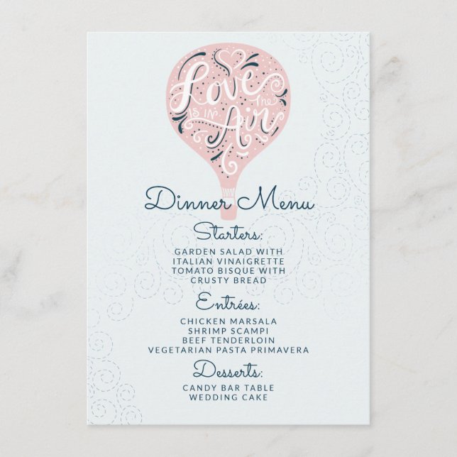 Hand Lettered Love Pink Balloon Wedding Dinner Menu (Front)