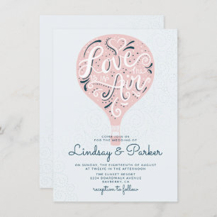 Hand Lettered Love Pink Hot Air Balloon Wedding Invitation