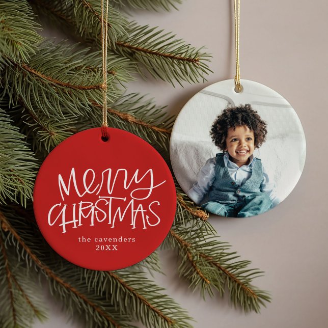 Hand Lettered Merry Christmas Custom Photo Ceramic Tree Decoration (Festive red hand-lettered Merry Christmas family name, year, and photo ornament.)