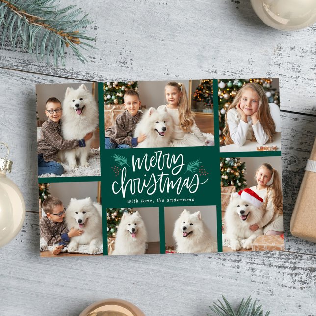 Hand-Lettered Merry Christmas Green 7 Photo  Holiday Card (Creator Uploaded)