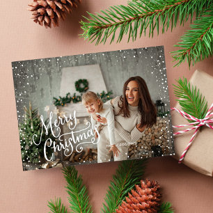 Hand Lettered Merry Christmas Snow Full Photo Holiday Card