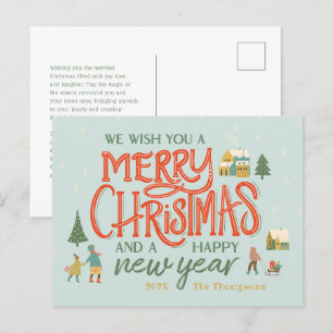 Hand Lettered Merry Christmas Village Holiday Postcard