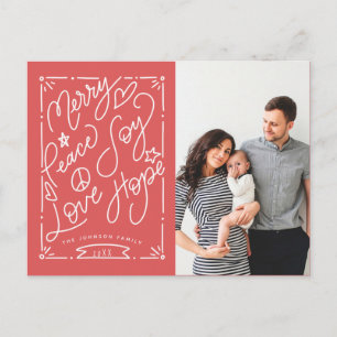 Hand-lettered Merry Peace Joy Love Hope Red Photo Postcard