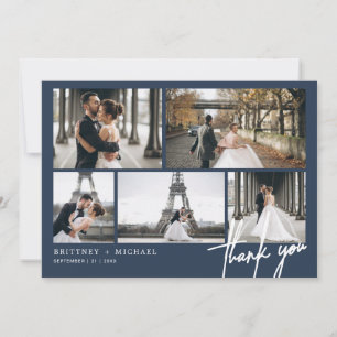 Hand-Lettered Modern Photo Collage Dusty Navy Blue Thank You Card