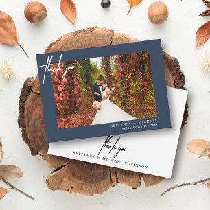 Hand-Lettered Modern Photo Dusty Navy Blue Thank You Card