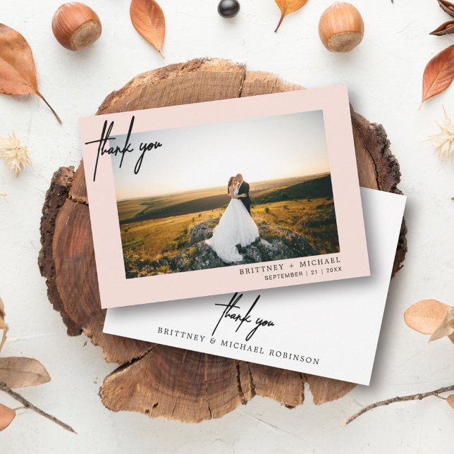 Hand-Lettered Modern Photo Thank You Blush Pink (Modern elegant wedding thank you card with a wedding photo on the front and simple hand written font)