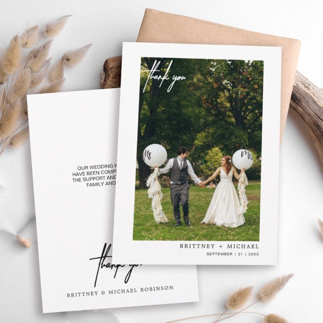 Hand-Lettered Modern Photo Thank You Card (Modern elegant hand written wedding thank you card for the minimalistic bride.)