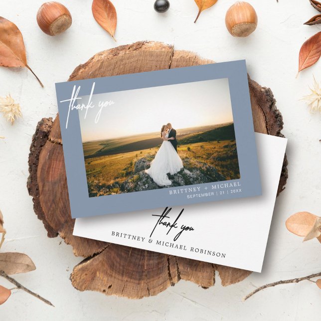 Hand-Lettered Modern Photo Thank You Dusty Blue (Modern elegant wedding thank you card with a wedding photo on the front and simple hand written font)