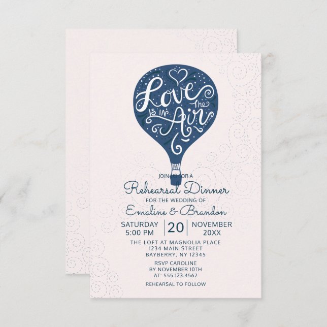 Hand Lettered Navy Wedding Rehearsal Dinner Invitation (Front/Back)