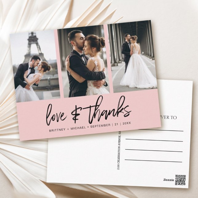 Hand-Lettered Photo Collage Blush Pink Postcard (Show your appreciation to your loved ones with an awesome photo thank-you card!)