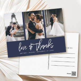 Hand-Lettered Photo Collage Navy Blue Thank You Postcard