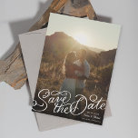 Hand-lettered Photo Save The Date<br><div class="desc">Curly fun lettering "Save the Date" over full bleed photo. customise to change the fonts of the editable text and backer. Lettering by Becky Nimoy. Portrait and landscape version available</div>