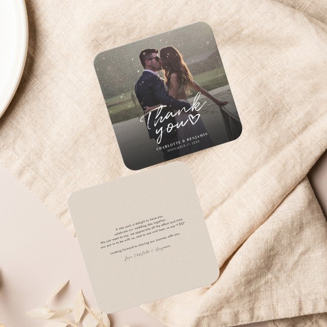 Hand-Lettered Photo Script Wedding Thank You Card (Couples Photo Wedding Thank You Mini Rounnded Corner Card)