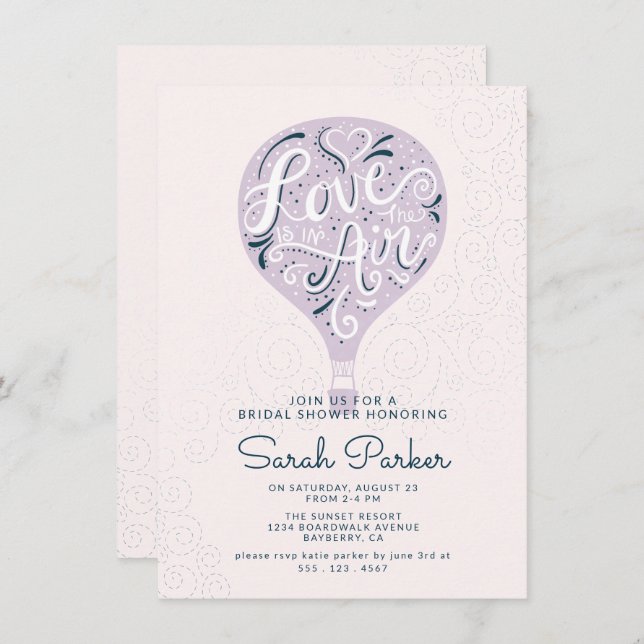 Hand Lettered Purple Hot Air Balloon Bridal Shower Invitation (Front/Back)
