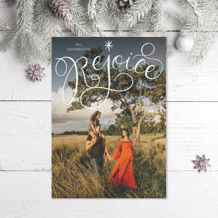 Hand lettered Rejoice Christmas Photo Holiday Card