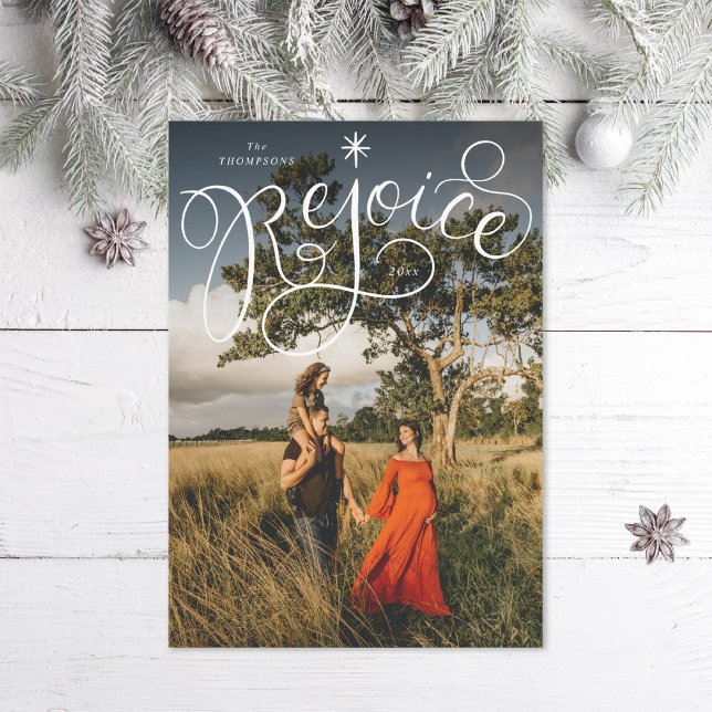Hand lettered Rejoice Christmas Photo Holiday Card (Creator Uploaded)