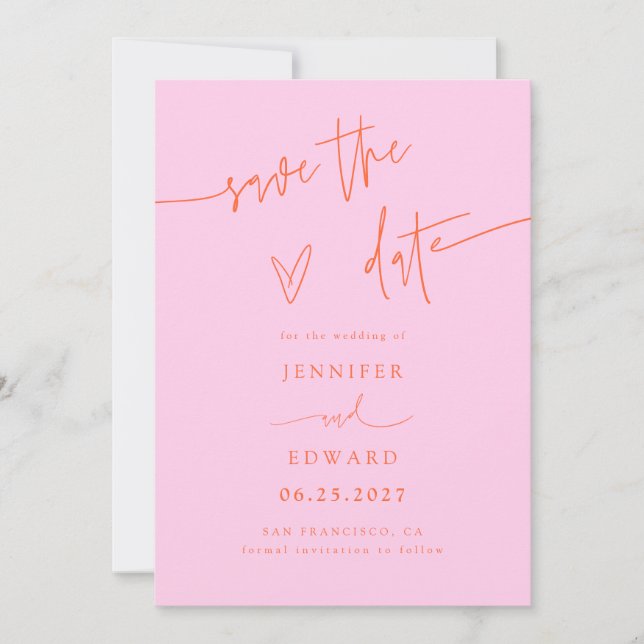 Hand Lettered Script Pink Orange Save The Date (Front)