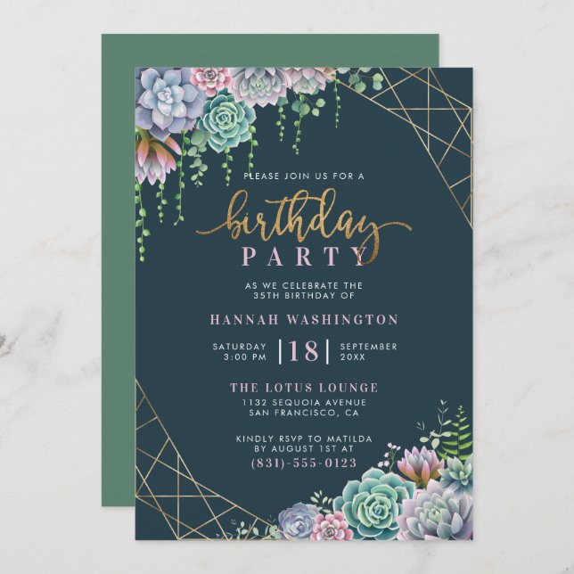 Hand-Lettered Script & Succulents Birthday Party Invitation (Front/Back)