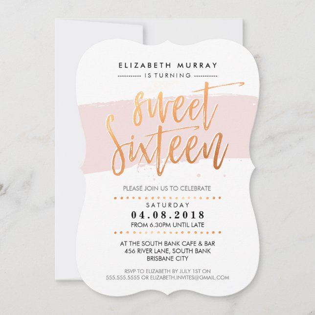 HAND LETTERED SCRIPT sweet 16 trendy copper pink Invitation (Front)