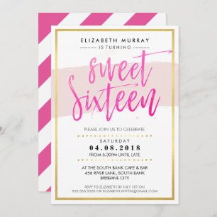 HAND LETTERED SCRIPT sweet 16 trendy hot pink gold Invitation
