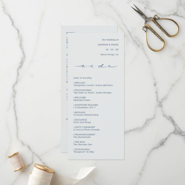 Hand Lettered Script "We Do" Wedding Ceremony Programme (Front/Back In Situ)
