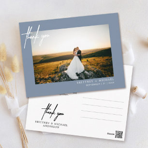 Hand-Lettered Simple Photo Thank You Dusty Blue Postcard